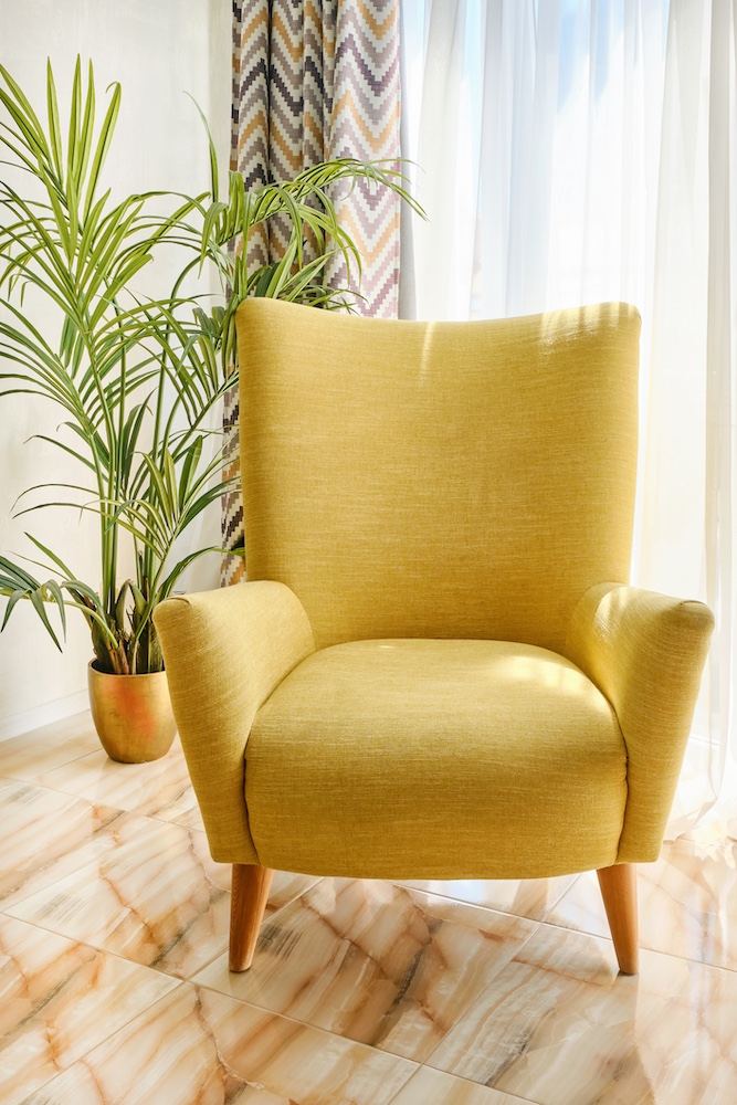 Yellow armchair and pot with a plant in the interior with sunlight