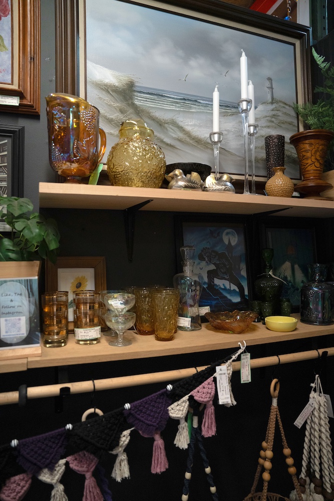 Shelves with vintage and antique decor set out on display at Kurtz Street Vintage Marketplace